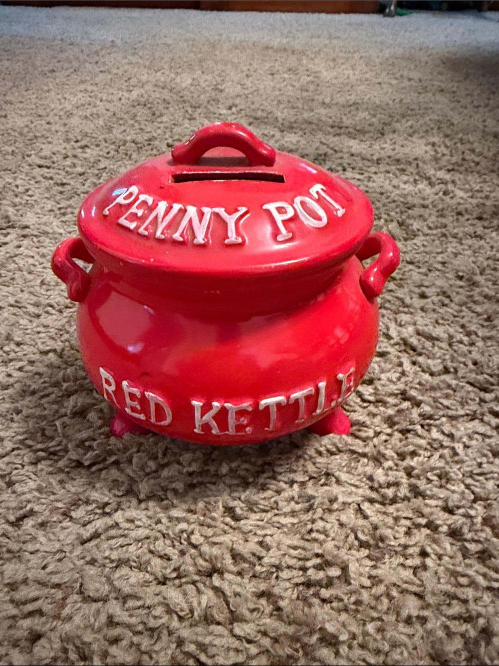 Antique Red Kettle Penny Pot Ceramic Coin Bank